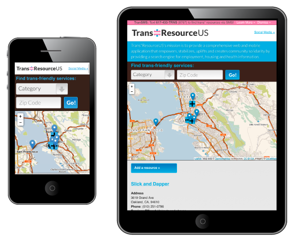 The Trans*Resource Us homescreen on mobile and tablet screens