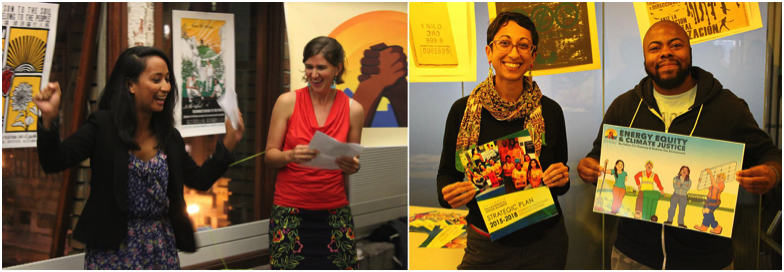The CEJA victory party — Right: Strela Cervas and Amy Vanderwarker of CEJA give a speech about the battles won and inspire us to all keep working on these issues; Left: Sabiha and Kwesi holding materials we worked on. Photos by Kay Cuajunco.
